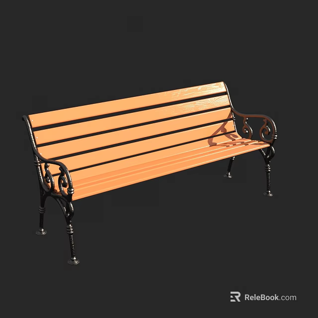 Road Facilities Public Bench With Wooden Slat Seat And Decorative Metal Armrests 3d model 