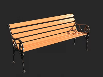 Road Facilities Public Bench With Wooden Slat Seat And Decorative Metal Armrests 3d model