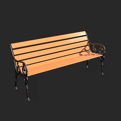 Road Facilities Public Bench With Wooden Slat Seat And Decorative Metal Armrests 3d model