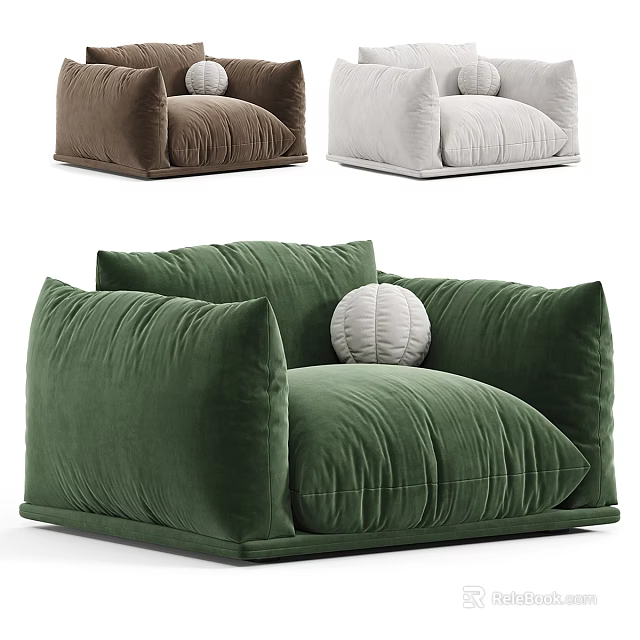 Modern Velvet Armchairs in Brown White Green with Large Cushions and Decorative Pillow 3d model 