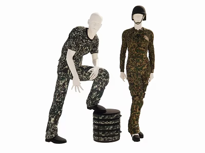 Military Camouflage Models Posing with Stacked Tires One Kneeling and One Standing 3d model