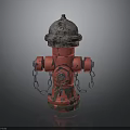 Red Rusted Fire Hydrant With Metal Top And Hanging Chains On Dark Background