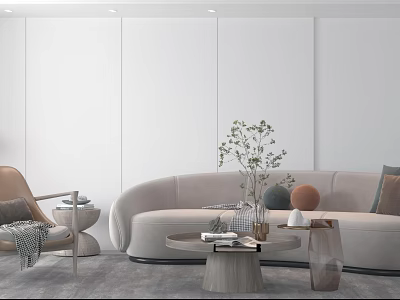 Modern Curved Sofa and Round Coffee Table Set with Green Plants Decorative Vases and Books 3d model