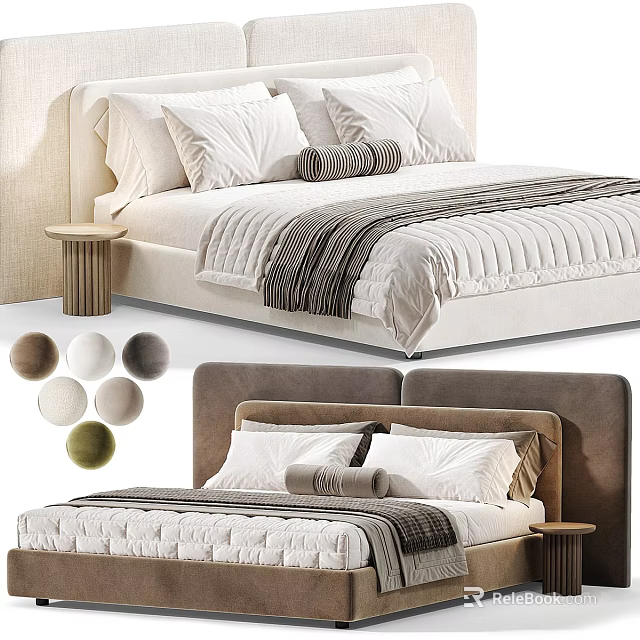 Modern Double Bed with White Pillows Striped Blanket Cylindrical Bedside Table and Colored Cushions 3d model 