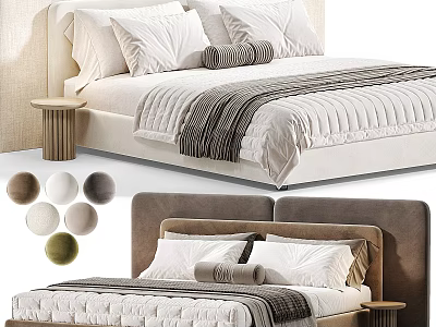 Modern Double Bed with White Pillows Striped Blanket Cylindrical Bedside Table and Colored Cushions 3d model