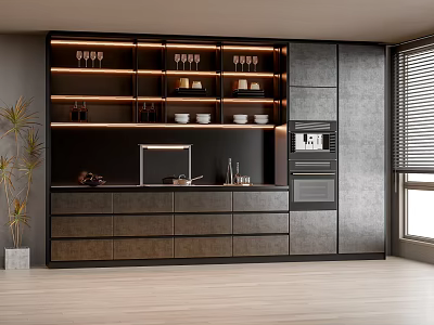 Modern Kitchen Featuring Dark Cabinets With Lighting Shelves Countertop Oven Glassware And Bowls 3d model