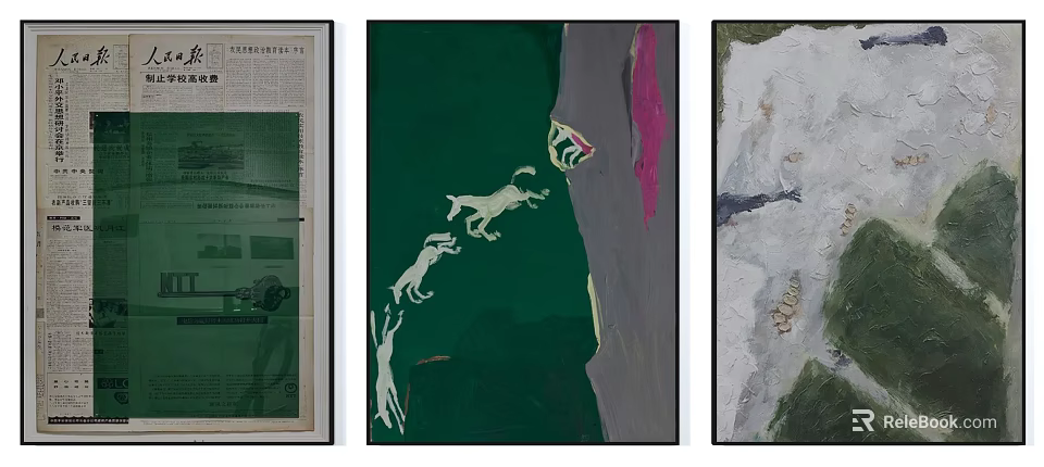 Three Abstract Artworks With Green Background Animal Motifs And Textured Surfaces 3d model 