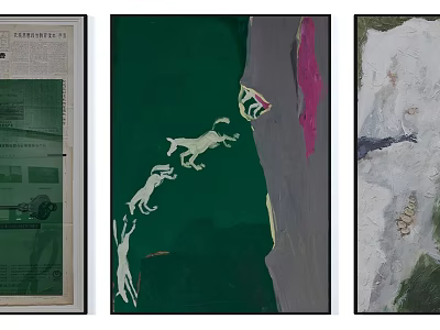 Three Abstract Artworks With Green Background Animal Motifs And Textured Surfaces 3d model