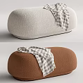 Shaggy Fabric Sofa Stool In Light Gray And Brown With Plaid Blanket