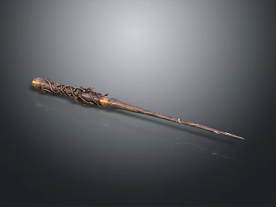 Fantasy Magic Wand with Intricate Carved Wooden Handle Golden Accents and Enchanted Design 3d model