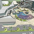 Modern Commercial Complex with High Rise Buildings Overpass Plaza Greenery and Vehicles