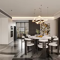 Modern Restaurant Interior Design With Round Dining Table White Chairs Pendant Lights And Decorative Wall Art
