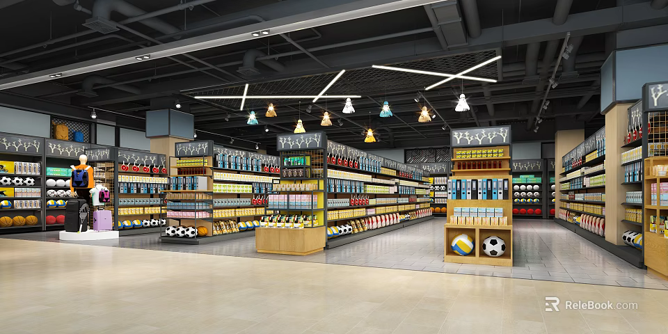 Well lit Modern Supermarket Interior With Pendant Lights And Shelves Of Various Products 3d model 