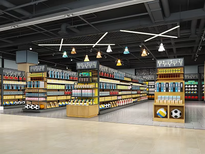 Well lit Modern Supermarket Interior With Pendant Lights And Shelves Of Various Products 3d model