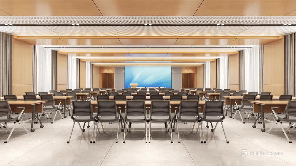 Modern Conference Room With Arranged Chairs Tables And Large Screen 3d model