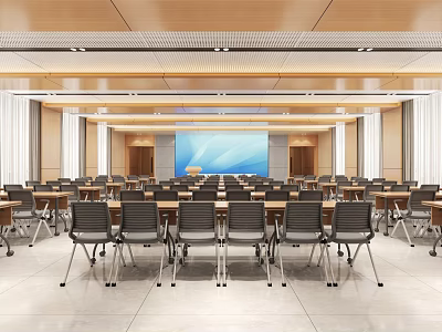 Modern Conference Room With Arranged Chairs Tables And Large Screen 3d model