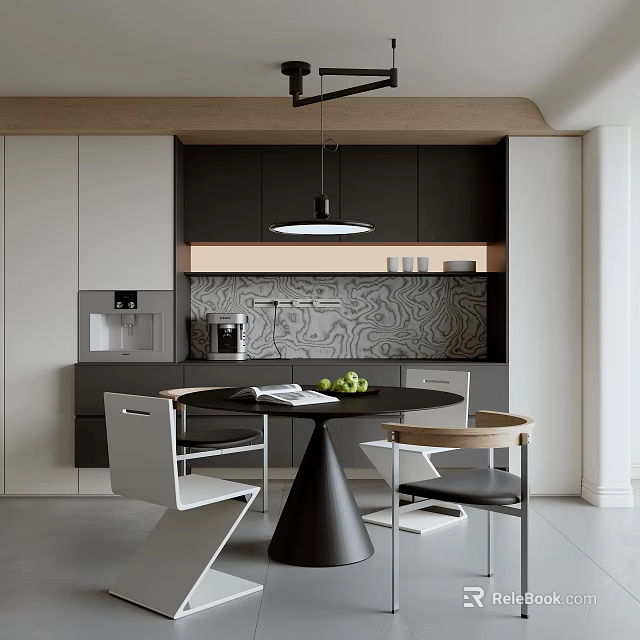 Modern Restaurant Kitchen Interior With Open Design Marble Backsplash And Cabinets 3d model 