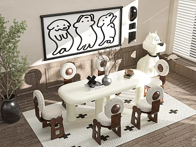 Cute White Dining Table Set With Wooden Chairs Cartoon Animal Wall Art Plant And Rug 3d model