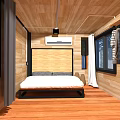 Modern Wooden Hotel Room With Black Frame Balcony Wooden Steps And Green Plants