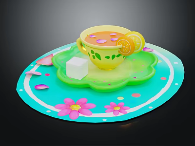 Refreshing Tea in Yellow Teacup with Lemon Slices on Blue Floral Tray and Pink Flowers 3d model