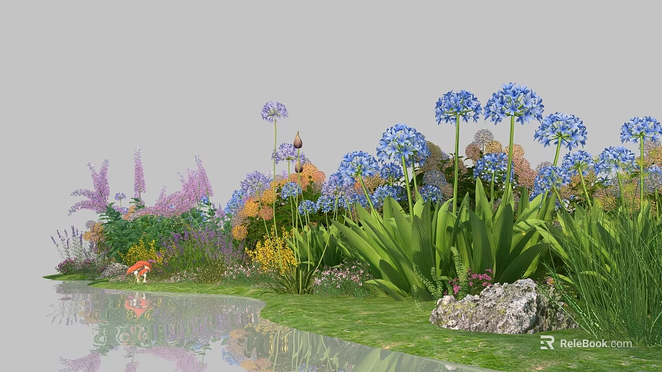 Colorful Garden Flowers With Blue Purple Yellow Blooms Water Reflection Green Grass And Rocks 3d model 