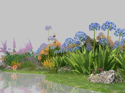 Colorful Garden Flowers With Blue Purple Yellow Blooms Water Reflection Green Grass And Rocks 3d model