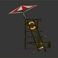 Three Different Lifeguard Stools With Red White Striped Umbrella And Lifebuoy
