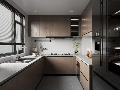 Modern Kitchen Interior With Wooden Cabinets White Countertop Sink Faucet And Green Plant 3d model
