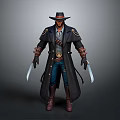 Detailed 3D Character Model With Stylish Trench Coat Wide Brim Hat And Dual Blades