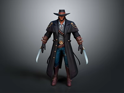Detailed 3D Character Model With Stylish Trench Coat Wide Brim Hat And Dual Blades 3d model