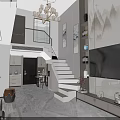 Elegant New Chinese Style Living And Dining Room With Loft Staircase And Exquisite Decor