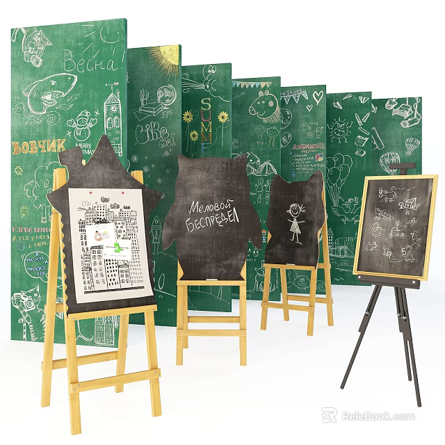 Art Easels And Chalkboards On Green Doodle Backdrops 3d model 
