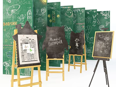 Art Easels And Chalkboards On Green Doodle Backdrops 3d model