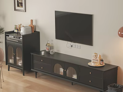 Black TV Stand Featuring Drawers And Glass Doors With TV Tall Cabinet And Decorative Items 3d model