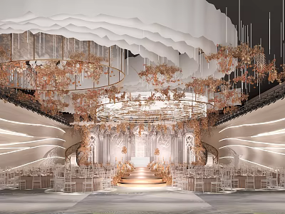 Elegant Ballroom Interior With Golden Chandeliers Wavy Walls Stage White Chairs And Floral Decor 3d model