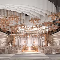 Elegant Ballroom Interior With Golden Chandeliers Wavy Walls Stage White Chairs And Floral Decor