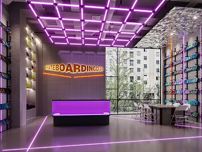 Skateboarding Store Interior With Purple Neon Lights Display Shelves And Reception Counter 3d model