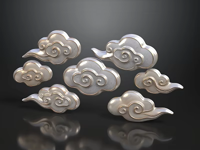 Silver Cloud Shaped Decorations With Spiral Patterns On Black Background With Reflections 3d model