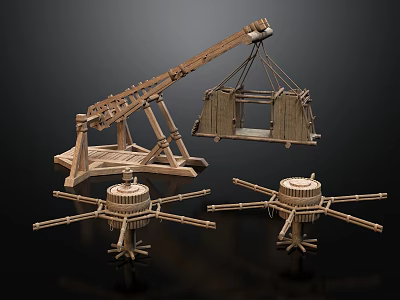 Ancient Wooden Mechanical Device With Catapult Frame Spoked Supports And Suspended Basket 3d model
