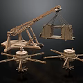 Ancient Wooden Mechanical Device With Catapult Frame Spoked Supports And Suspended Basket