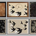 Decorative Wall Art Collection with Swallows Clock and Floral Patterns Six Framed Paintings