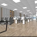 Public Office Space Interior with Company Logo Fish Tank Desks Chairs and Wooden Flooring