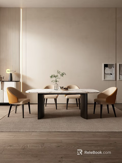 Stylish Modern Dining Table Set with Marble Top and Beige Upholstered Chairs in Contemporary Interior 3d model 