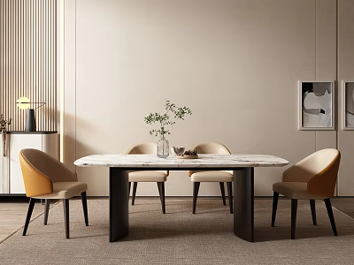 Stylish Modern Dining Table Set with Marble Top and Beige Upholstered Chairs in Contemporary Interior 3d model