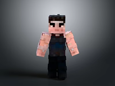 Pixel Art Man with Black Hair and Dark Clothing in Minecraft Block Design 3d model