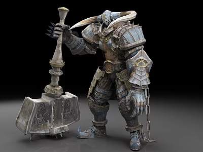 Game Movie Character Horned Warrior In Ornate Armor Holding Giant Hammer With Chains 3d model