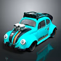 Turquoise Classic Beetle Car With Roof Rack Front Turbo And Striped Exterior Design