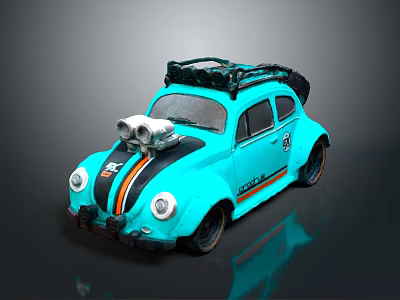 Turquoise Classic Beetle Car With Roof Rack Front Turbo And Striped Exterior Design 3d model