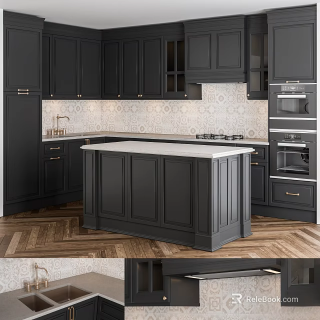 Modern Black Kitchen Cabinets With White Island Countertop And Patterned Backsplash 3d model