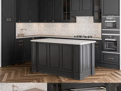 Modern Black Kitchen Cabinets With White Island Countertop And Patterned Backsplash 3d model